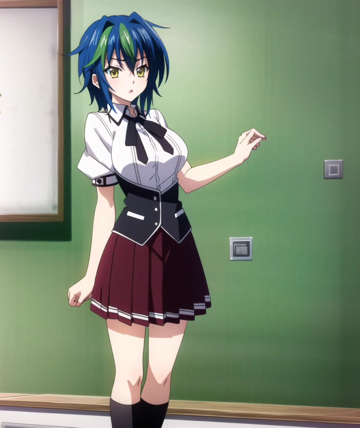 masterpiece, best quality, ultra-detailed, hires,  beautiful, 
1girl, multicolored hair, blue hair, short hair,  green hair, yellow eyes, chalkboard, two-tone hair,  streaked hair, xenovia quarta dxd, 
(dxd clothes), school uniform, skirt, 
<lora:dxd:0.65>, 
full body, standing,