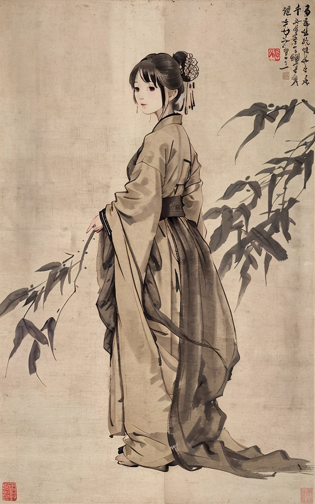 shukezouma, negative space, , shuimobysim , <lora:shuV2:0.8>, portrait of a woman standing , willow branches, (masterpiece, best quality:1.2), traditional chinese ink painting, <lora:shuimobysimV3:0.7>, modelshoot style, peaceful, (smile), looking at viewer, wearing long hanfu, hanfu, song, willow tree in background, wuchangshuo,