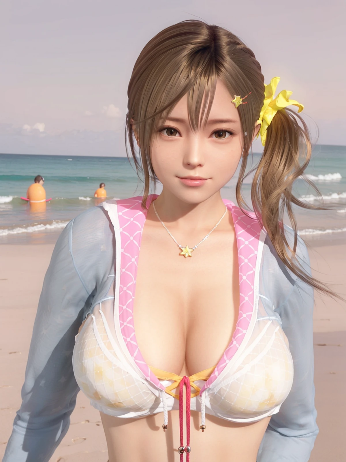 misaki_\(doax\), misakicos,day,realistic, 8K, (photorealistic:1.4), best quality, ultra-detaile, 1girl, smile, huge breasts, beach,seaside,photon mapping, radiosity, physically-based rendering, breasts, (looking_at_viewer), realistic, solo, <lora:misaki:0.65>, <lora:koreanDollLikeness_v10:0.3>,sfw, underwear,bra,orange bra, jewelry, cleavage, panties,star necklace, hoodie, navel,side ponytail,open hoodie,see-through hoodie,