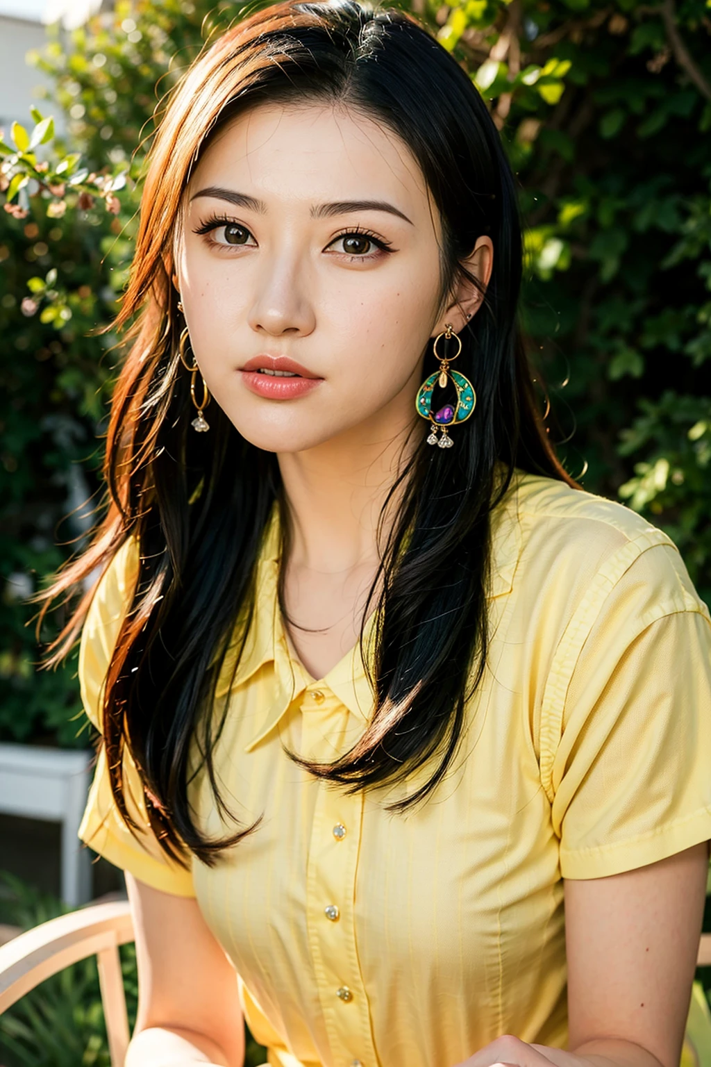 masterpiece, best quality, 1girl, aqua eyes, black hair, closed mouth, earrings, multicolored background, hoop earrings, jewelry, looking at viewer, shirt, long hair, outdoors, solo, full body, yellow shirt, alluring, clean, beautiful face, pure face, pale skin,