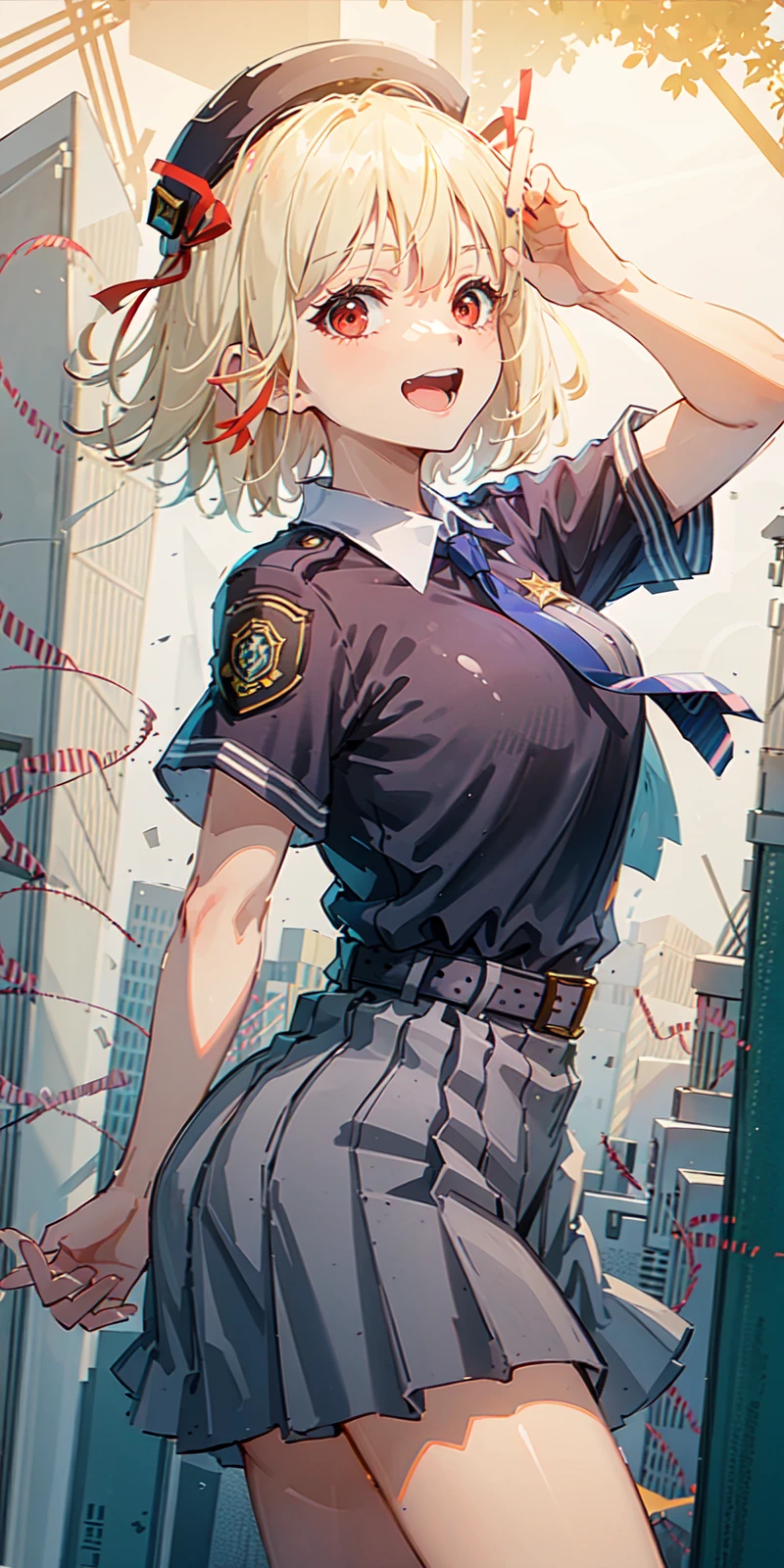 masterpiece,cowboy shot,
police, 1girl,solo, uniform, ribbon, hat, policewoman, solo, shirt, bangs, necktie, breasts, blurry, police uniform, blonde hair, hair ribbon, red ribbon, police hat, short hair, looking at viewer, red eyes, short sleeves, from side, collared shirt, blue shirt,Detailed city background, black necktie,Salute and laugh,