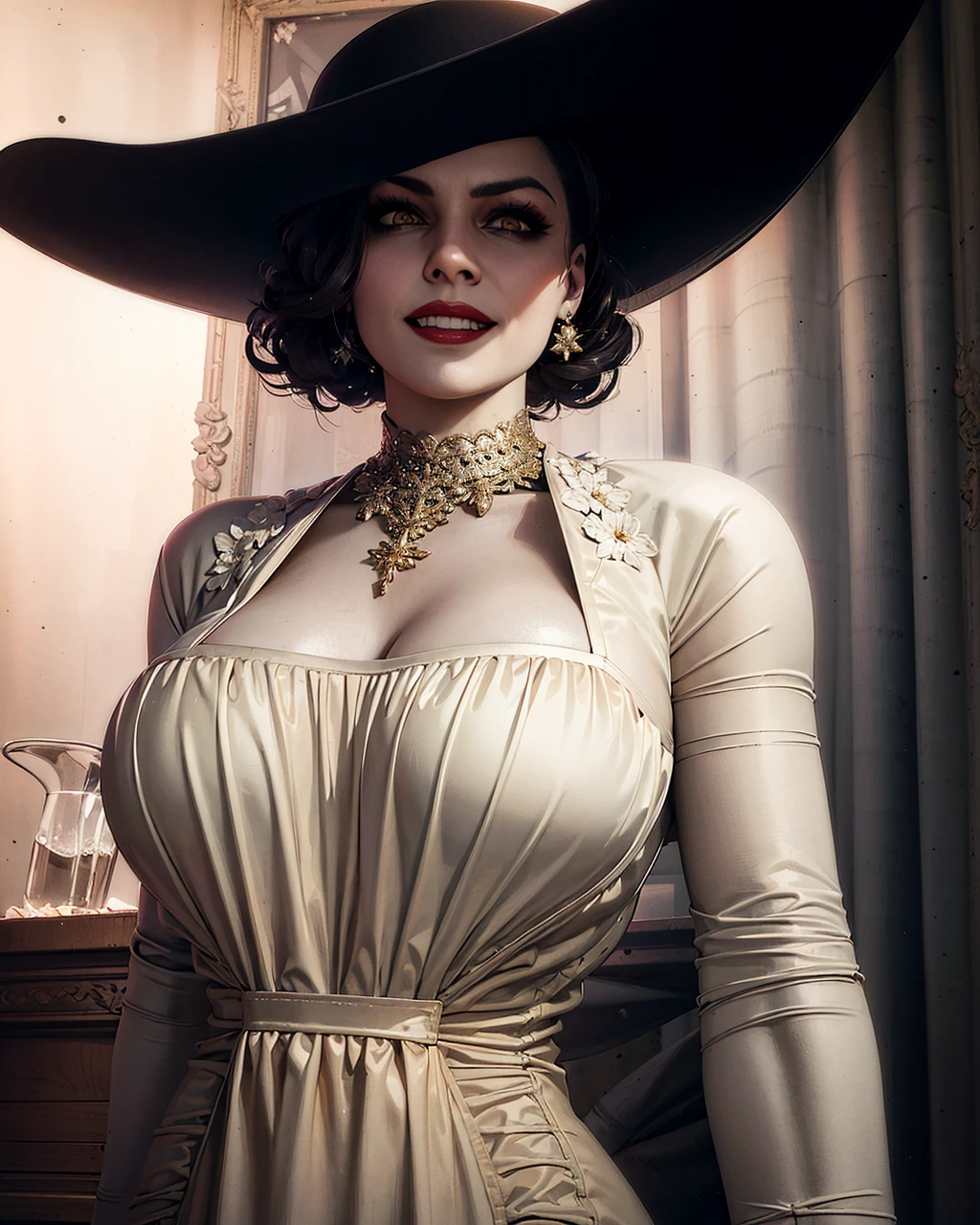 1girl, portrait of of beautiful re8dmtrsc, grin, teeth, yellow eyes, black sun hat, white dress with black flower, curvy, volumetric lighting, best quality, masterpiece, intricate details, tonemapping, sharp focus, hyper detailed, trending on Artstation, realistic <lora:sxz-lady-dimitrescu:0.7>