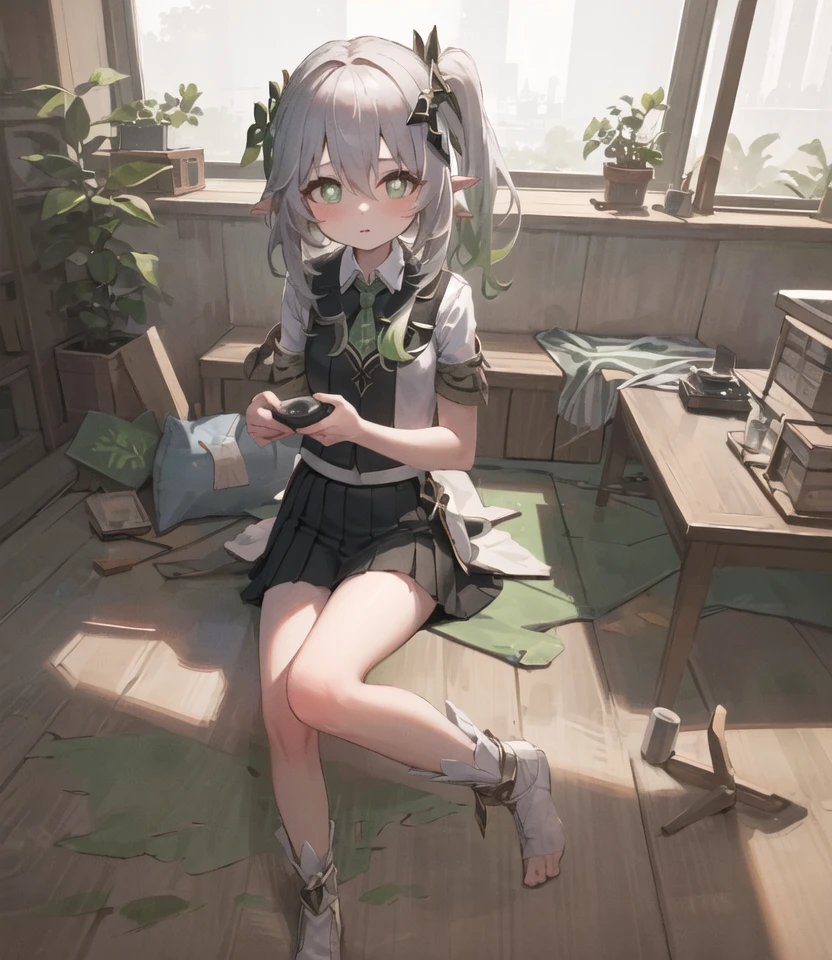 masterpiece, best quality, 1girl, (solo:1.1), nahida_genshin, (cross-shaped pupils:1.3), side ponytail, (school uniform, green tie, white shirt, black skirt:1.2) <lora:Nahida2:1>