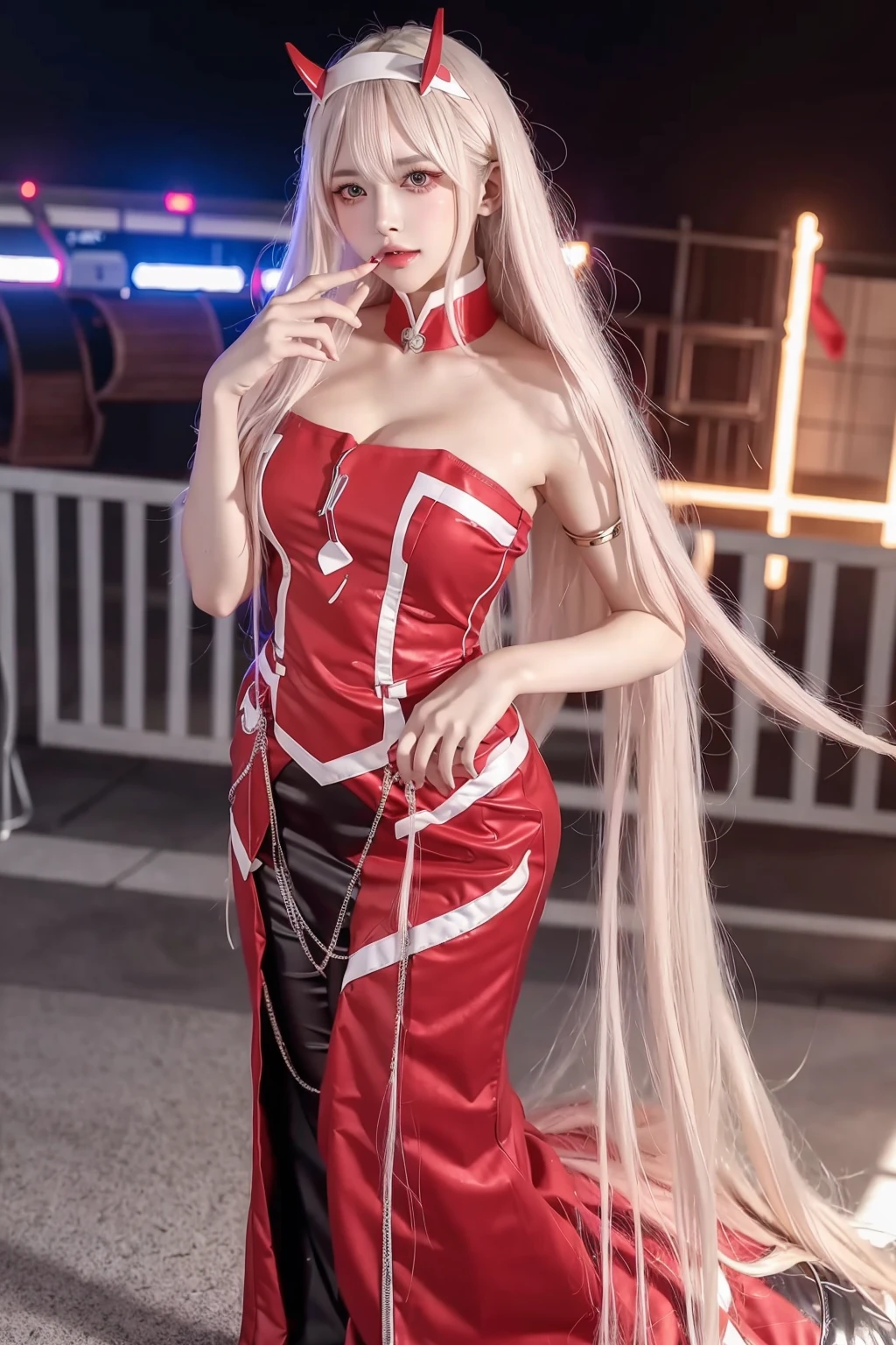 <lora:ZeroTwo:0.9>,zero_two_\(darling_in_the_franxx\),ulzzang-6500-v1.1,(raw photo:1.2),((photorealistic:1.4))best quality ,masterpiece, illustration, an extremely delicate and beautiful, extremely detailed ,CG ,unity ,8k wallpaper, Amazing, finely detail, masterpiece,best quality,official art,extremely detailed CG unity 8k wallpaper,absurdres, incredibly absurdres, huge filesize, ultra-detailed, highres, extremely detailed,beautiful detailed girl, extremely detailed eyes and face, beautiful detailed eyes,light on face,cinematic lighting,1girl,full body,full-body shot,see-through,looking at viewer,outdoors