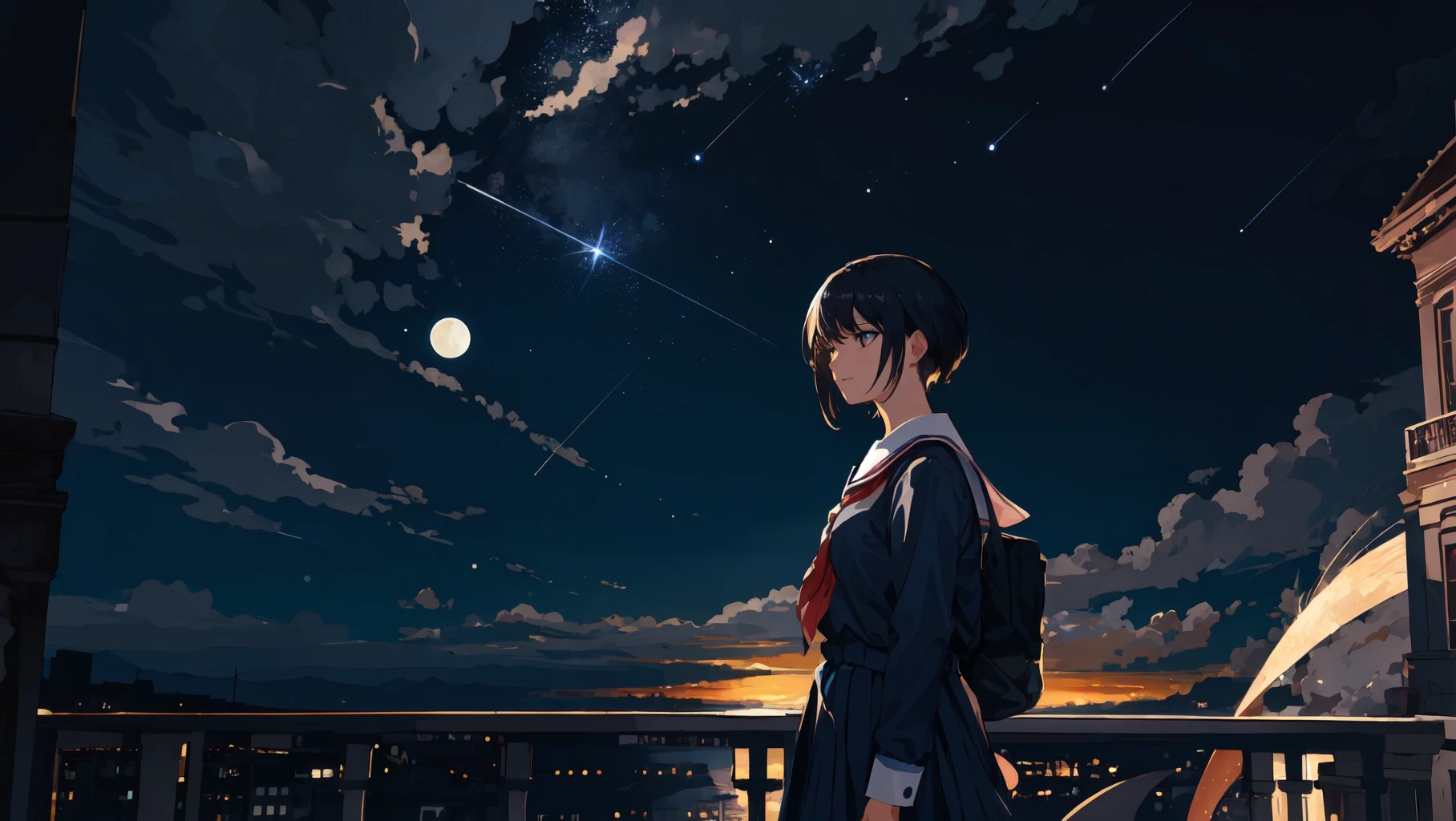 (masterpiece:1.2), 50-year-old woman, school uniform, detailed background, epic composition, standing on the balcony, upper body, from above, (night, meteor shower, star, moon, dark clouds:1.1), moon