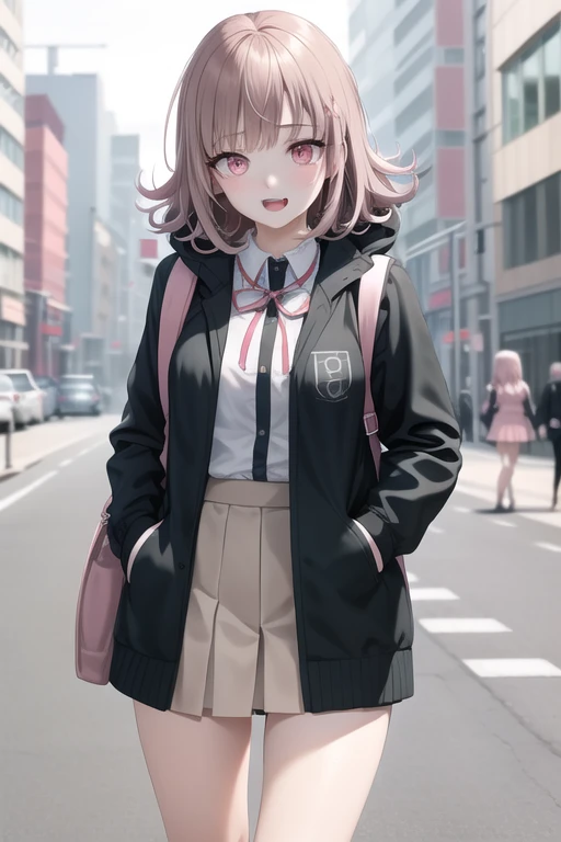 <lora:ChiakiDGv2:0.5>, Nanami Chiaki, collared shirt, eyebrows visible_through hair, flipped hair, hood, jacket, medium hair, pink eyes, pink ribbon, shirt, solo, 1girl, backpack, bag, light brown hair, city, walking, smile, from behind, looking behind, open mouth,