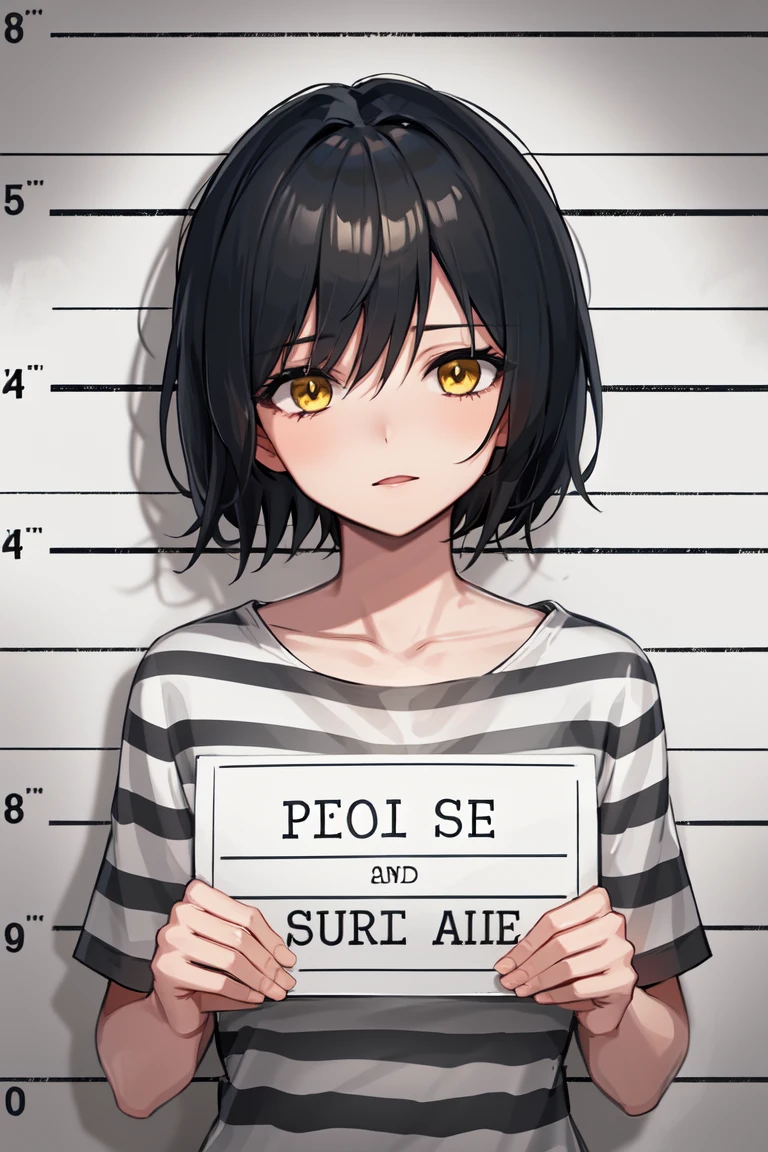 masterpiece, best quality, illustration, mugshot, height chart, 1girl, upper body, holding sign, looking at viewer, very short black hair, narrowed yellow eyes, prison clothes, striped shirt
<lora:mugshot:0.6>