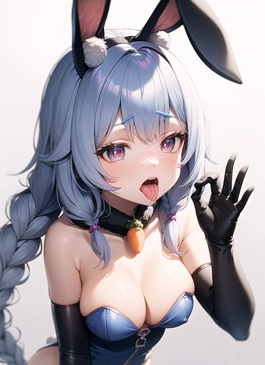 <lora:felges1-000024:1>, don-chan (usada pekora), usada pekora, hololive, tamaki (tamakikan), animal ear fluff, animal ears, blue hair, braid, carrot hair ornament, food-themed hair ornament, fur scarf, gloves, hair ornament, long hair, multicolored hair, rabbit-shaped pupils, rabbit ears, rabbit girl, saliva, symbol-shaped pupils, twin braids, virtual youtuber, white hair