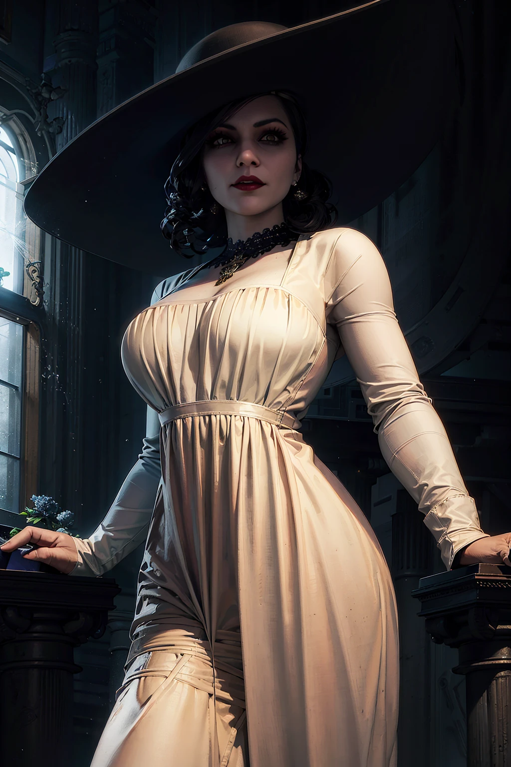 1girl, cowboy shot of re8dmtrsc, white dress, black sun hat, black flower, night, old dark victorian masion, window, thunder, lightning, looking at viewer, particles, volumetric lighting, best quality, masterpiece, intricate details, tonemapping, sharp focus, hyper detailed, trending on Artstation, realistic <lora:sxz-lady-dimitrescu:0.7>,  <lora:to8contrast style ContrastFix_sd15:0.7>