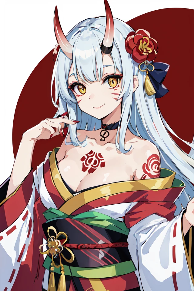 skistyle, 1girl, sarashi, black choker, horns, solo, choker, long hair, japanese clothes, looking at viewer, hair ornament, kimono, upper body, facial mark, red nails, bare shoulders, open clothes, hand up, bangs, off shoulder, red kimono, chest sarashi, oni horns, yellow eyes, nail polish, very long hair, makeup, tattoo, open kimono, smile, strapless, fingernails, wide sleeves