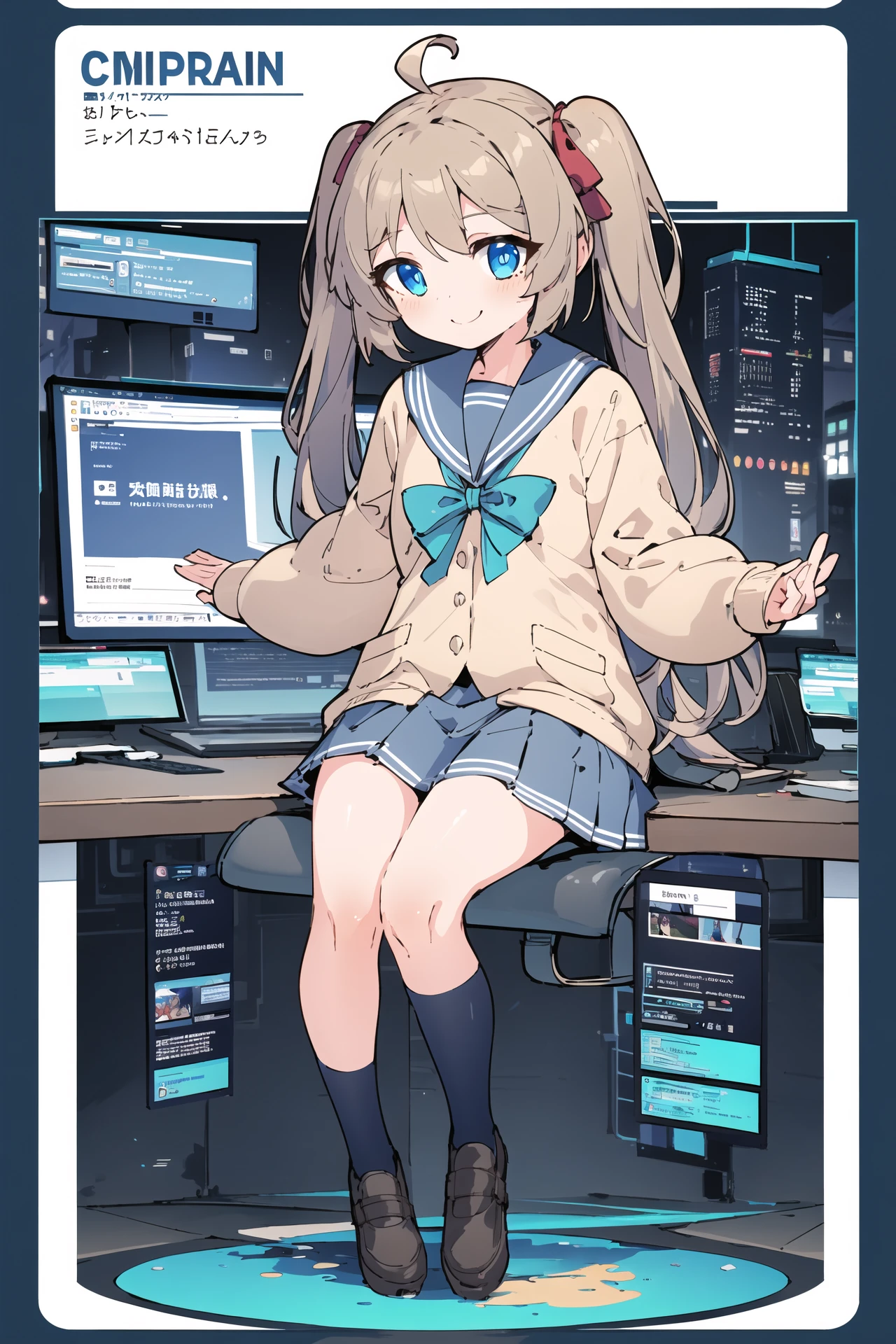 masterpiece, best quality, 1girl, solo, brown hair, long hair, twintails, blue eyes, sailor collar, <lora:neurosamaV2:0.8>, smile, school uniform, computer, cyberpunk, screen, <lora:tachi-e:1>, tachi-e, white background, full body