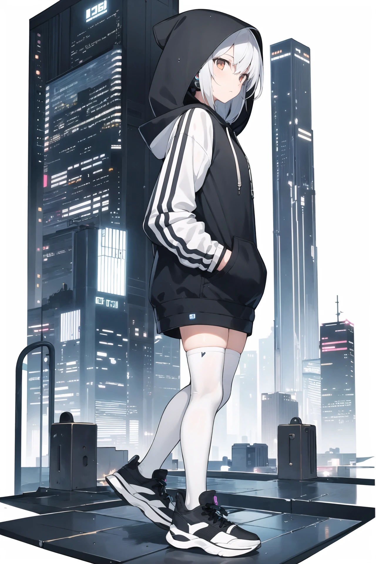 masterpiece, best quality, masterpiece,1girl,solo,hoodie, thighhighs, sneakers, headphones, rain,neon lights, expressionless, hood up, hands in pockets, from side, looking away, cityscape, <lora:tachi-e:1>, tachi-e, (white background), full body