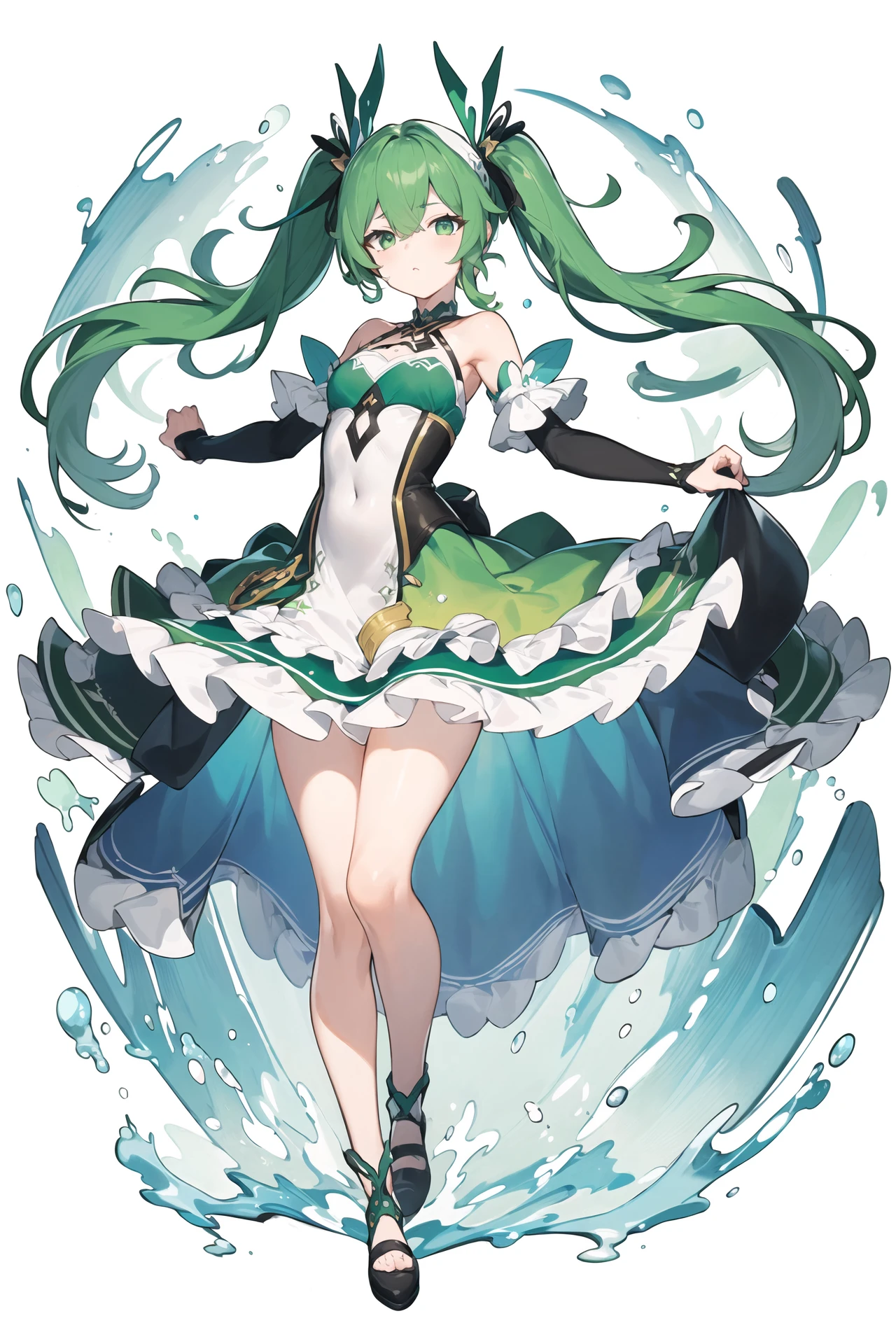 (((masterpiece))),(((bestquality))),((ultra-detailed)),(illustration),((anextremelydelicateandbeautiful)),dynamicangle,floating,(beautifuldetailedeyes),(detailedlight) (1girl), solo, floating_hair,glowingeyes,green hair,greeneyes, twintails, halterdress, tachi-e, full body, white background, <lora:tachi-e:1>