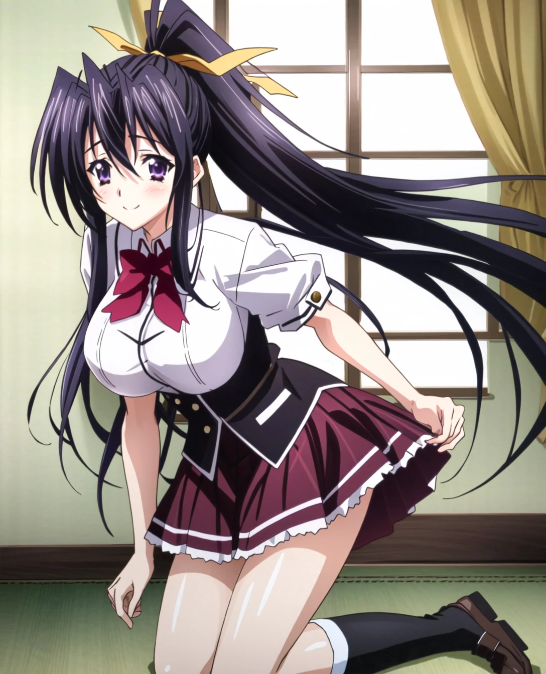 masterpiece, best quality, ultra-detailed, hires,  beautiful, detailed hair and eyes, 
1girl, black hair, long hair, smile, ponytail, ribbon, breasts, large breasts, hair ribbon,  very long hair, himejima akeno dxd, puple eyes,
school uniform, skirt, white shirt,  purple skirt, (dxd clothes:1.53),
<lora:dxd:0.65>, 
full body, kneeling,