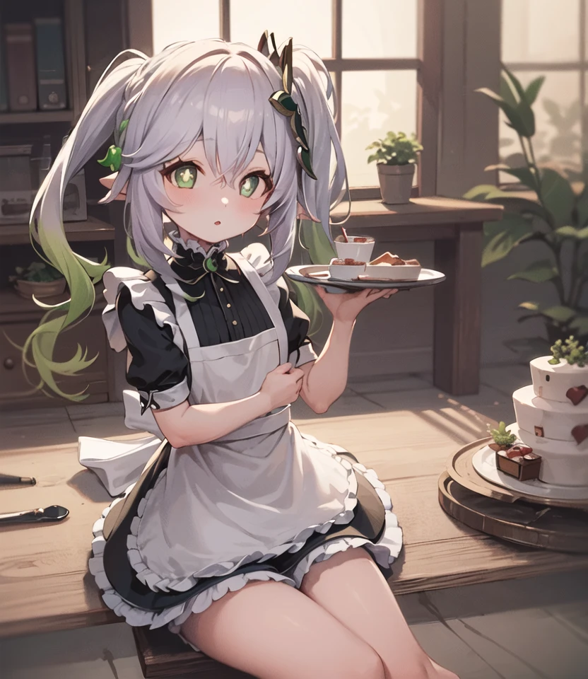 masterpiece, best quality, 1girl, solo, nahida_genshin, (cross-shaped pupils:1.3), side ponytail, (maid uniform:1.2) <lora:Nahida2:1>