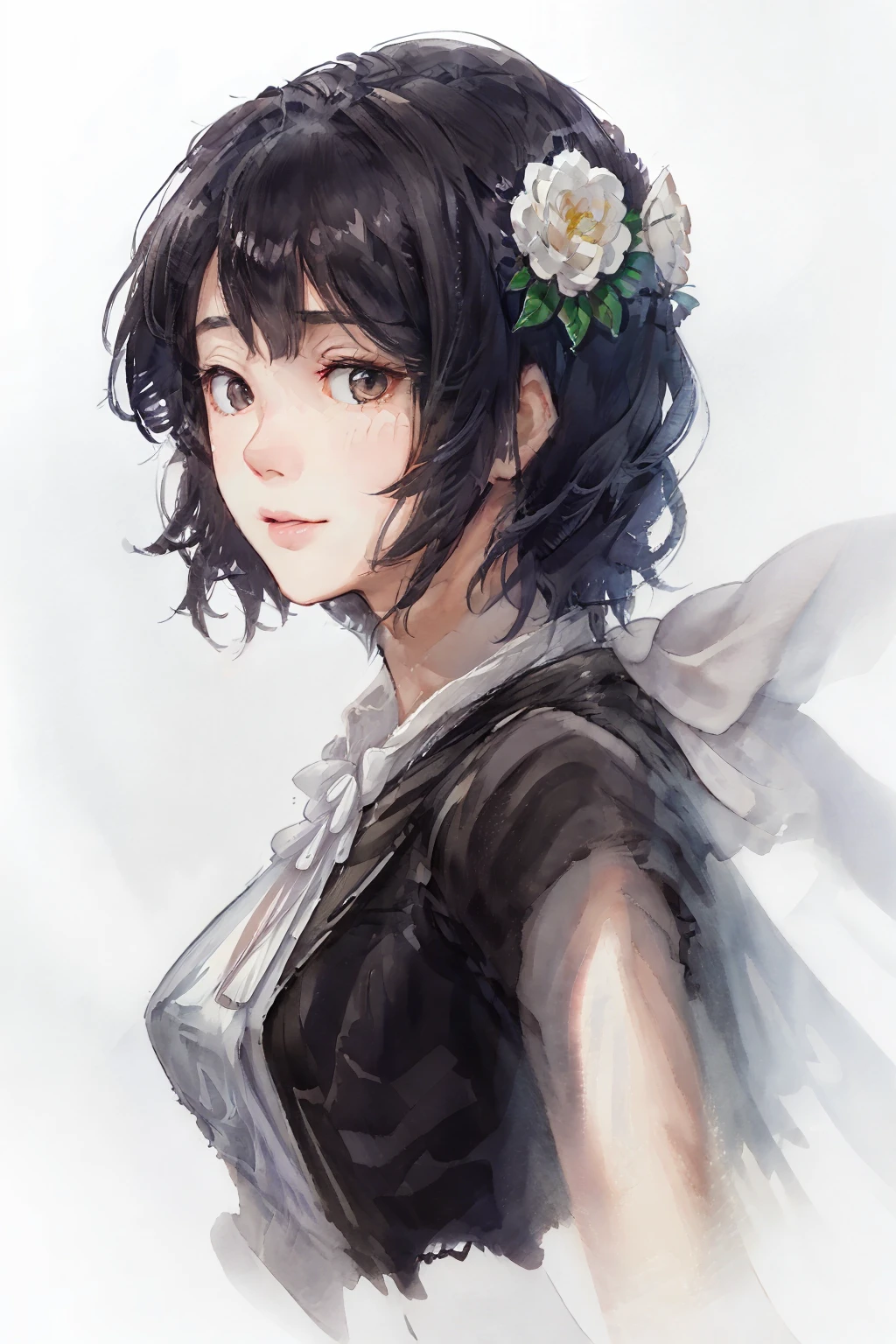 (upper body:1.5),(white background:1.4), ((tachi-e)), original,(illustration:1.1),(best quality),(masterpiece:1.1),(extremely detailed CG unity 8k wallpaper:1.1), (colorful:0.9),(panorama shot:1.4),(solo:1.2), clear sharp focus, 1girl,(chinese style),((Flower under portrait)),looking at viewer, make happy expressions,soft smile,pure,beautyfull detailed face and eyes,beautyfull intricacy clothing decorative pattern details, black hair,black eyes