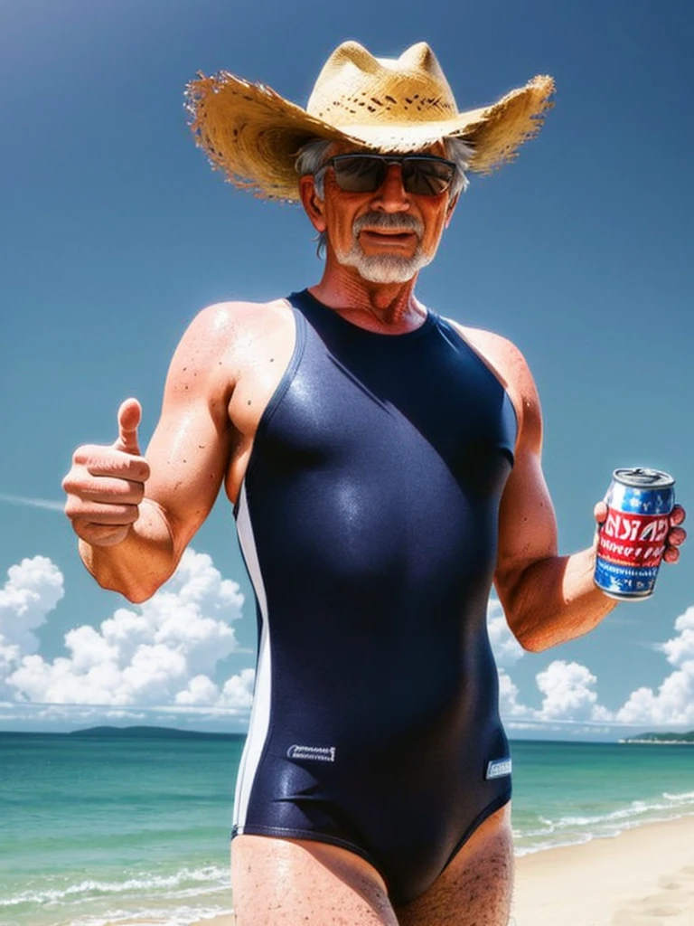 masterpiece, best quality, ultra-detailed, illustration, KK-1750, blue one-piece swimsuit,
beach, (older man), silver hair , short cut, (mascular male:1.5), (sunglasses), cowboy hat, hold beer can, laughing, thumbs up,
<lora:KK-1750:0.8>