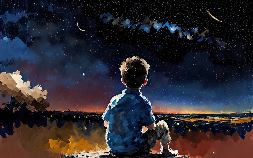 realistic illustration,boy with a black cat blue eyes from the front, in the background stars in the sky and a modern city