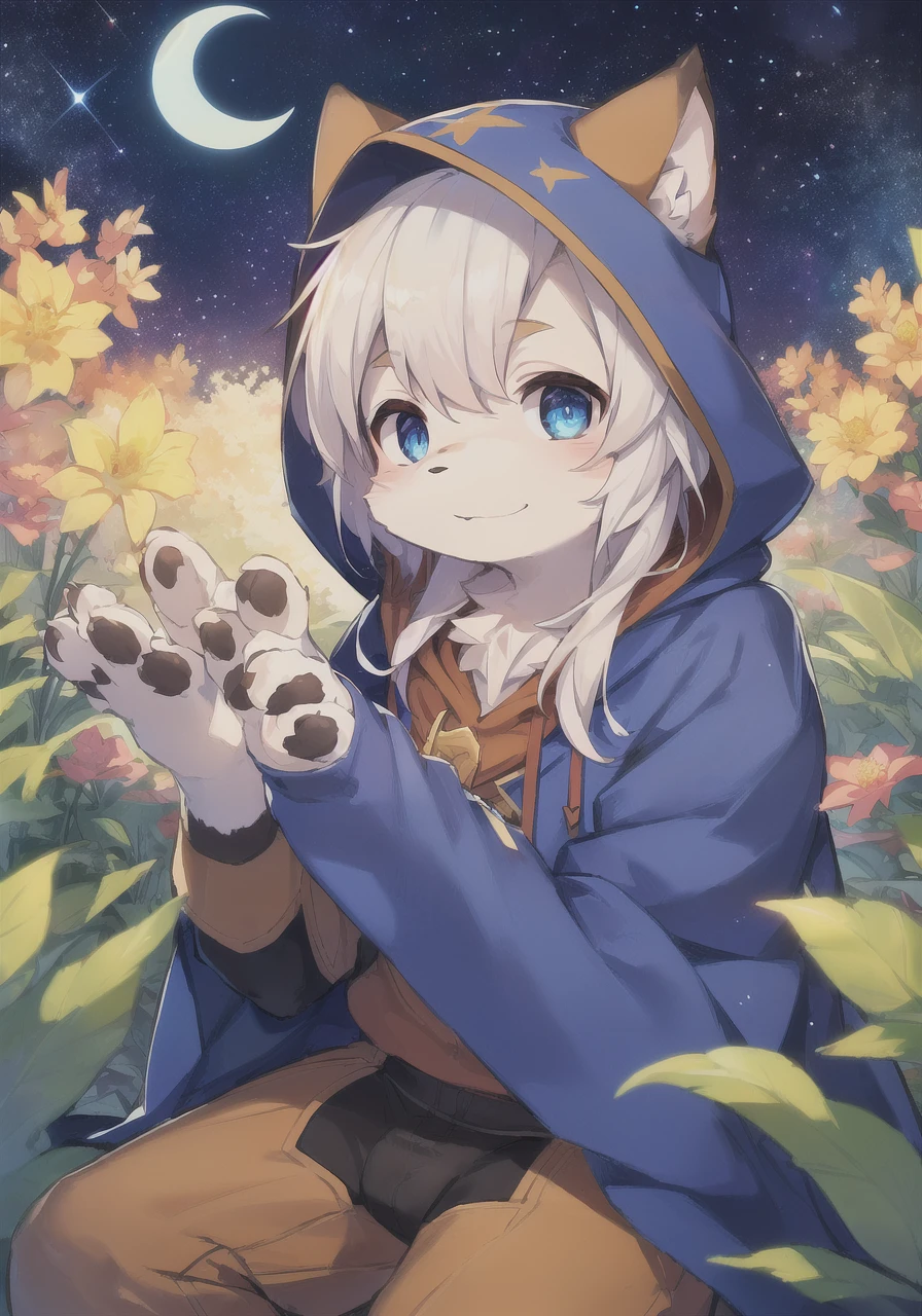 (masterpiece:1.3), (2D:1.0), (anime:1.0), (illustration:1.0), (sharp:1.2), (hard light:1.0), (shadow:1.0),(reflection, refraction:0.8), (light rays, dappled light, light glare, lens flare, Tyndall effect:1.0), (clear, shiny:1.0), (best quality:1.2), (ultra-detailed:1.0), (extremely intricate:1.0), (blurry foreground,cinematic light,ray tracing:1.1), (bright_colors,dark_intense_shadows:1.1), (impasto,colorful:1.2), (warm_light_from_below,glow_white_particles:1.1), (Ensemble_Stars!_\(style\):0.95). wolf_boy,anthro,uploaded_on_e621,solo,upper_body,cowbow_shot,male_focus,furry_kemono,furry_male,cub,young_male,bishounen,11_years_old,kawaii,cute,fancy,fragile,cool,handsome. detailed_fluffy_fur,tuft,(white_fur,body_fur,oil_skin,skin_with_fluffy_fur:1.3),animal_nose,animal_ear_fluff,fluffy_paws,pawpads,animal_hand,fluffy_big_tail. blue_clothes,(hooded_cloak,hood_up:1.5),male_short_hair,white_hair,blue_eyes,one_eye_closed,bangs,closed_mouth,smile,light_blush,hands_up,holding_star,bottomless,(knees_together_feet_apart,sitting:1.2),looking_at_viewer. (night,starry_sky,crescent_moon,star_\(sky\),gem,plant, star_\(symbol\),sparkle),outdoors, scenery.