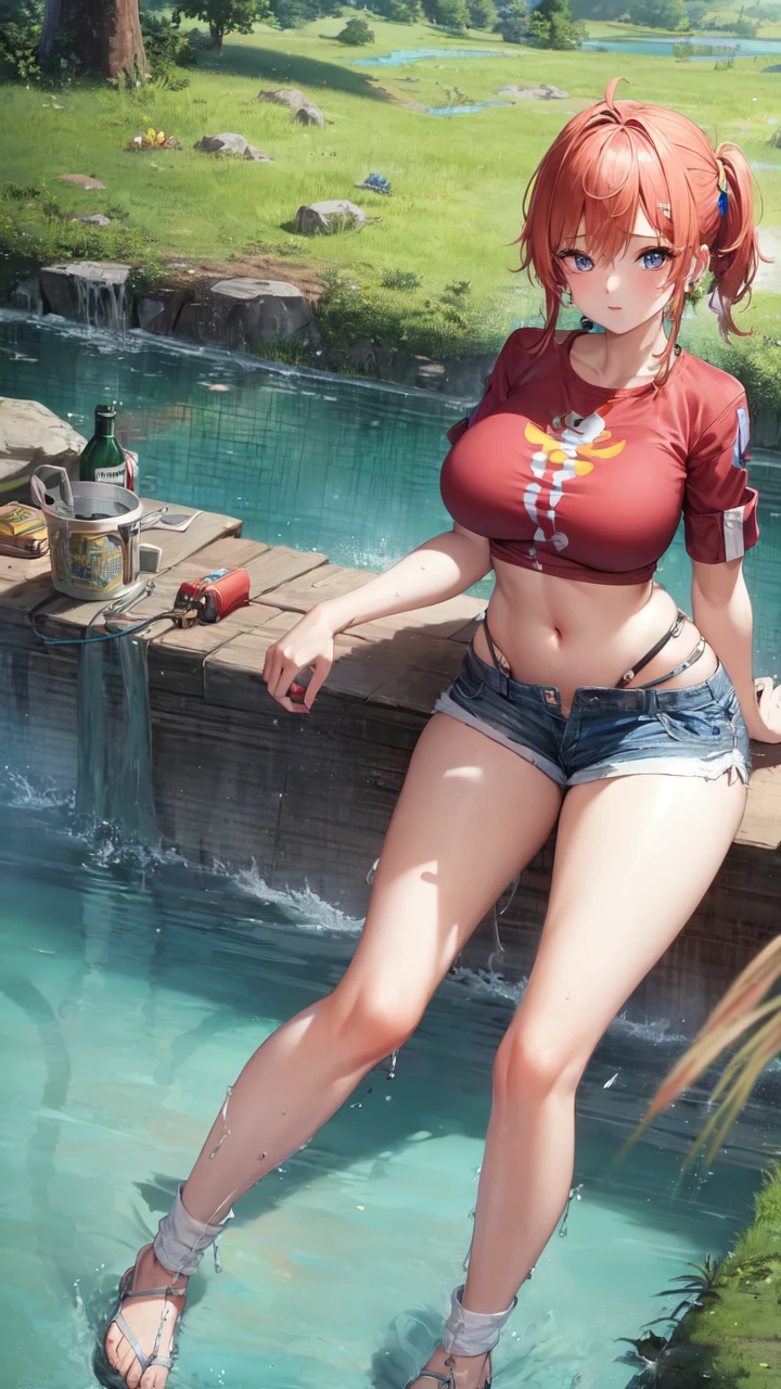 (highres:1.1), best quality, (masterpiece:1.2), vivid color, 1girl, perfect body shape, beautiful eyeslances, fire camp, short pant, shirt, adventure styles, adventure girl,