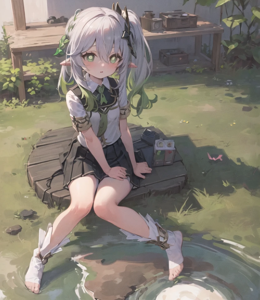 masterpiece, best quality, 1girl, (solo:1.1), nahida_genshin, (cross-shaped pupils:1.3), side ponytail, (school uniform, green tie, white shirt, black skirt:1.2) <lora:Nahida2:1>