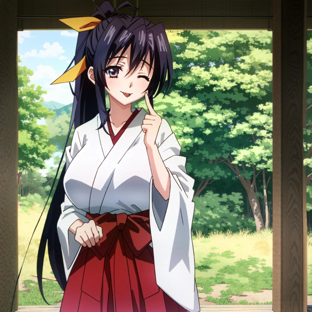 masterpiece, best quality, ultra-detailed, hires, beautiful, detailed hair and eyes,
1girl, black hair, long hair, smile, ponytail, ribbon, breasts, large breasts, hair ribbon, very long hair, himejima akeno dxd, puple eyes,
hakama, ribbon, red hakama, hakama skirt, skirt, miko clothes, japanese clothes,
<lora:dxd:0.65>,
full body,
akanbe, finger to eye, one eye closed,tongue out <lora:akanbeFace_akanbev1:0.8>