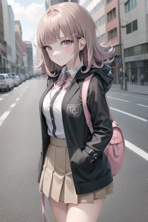 <lora:ChiakiDGv2:0.5>, Nanami Chiaki, collared shirt, eyebrows visible_through hair, flipped hair, hood, jacket, medium hair, pink eyes, pink ribbon, shirt, solo, 1girl, backpack, bag, light brown hair, city, walking,