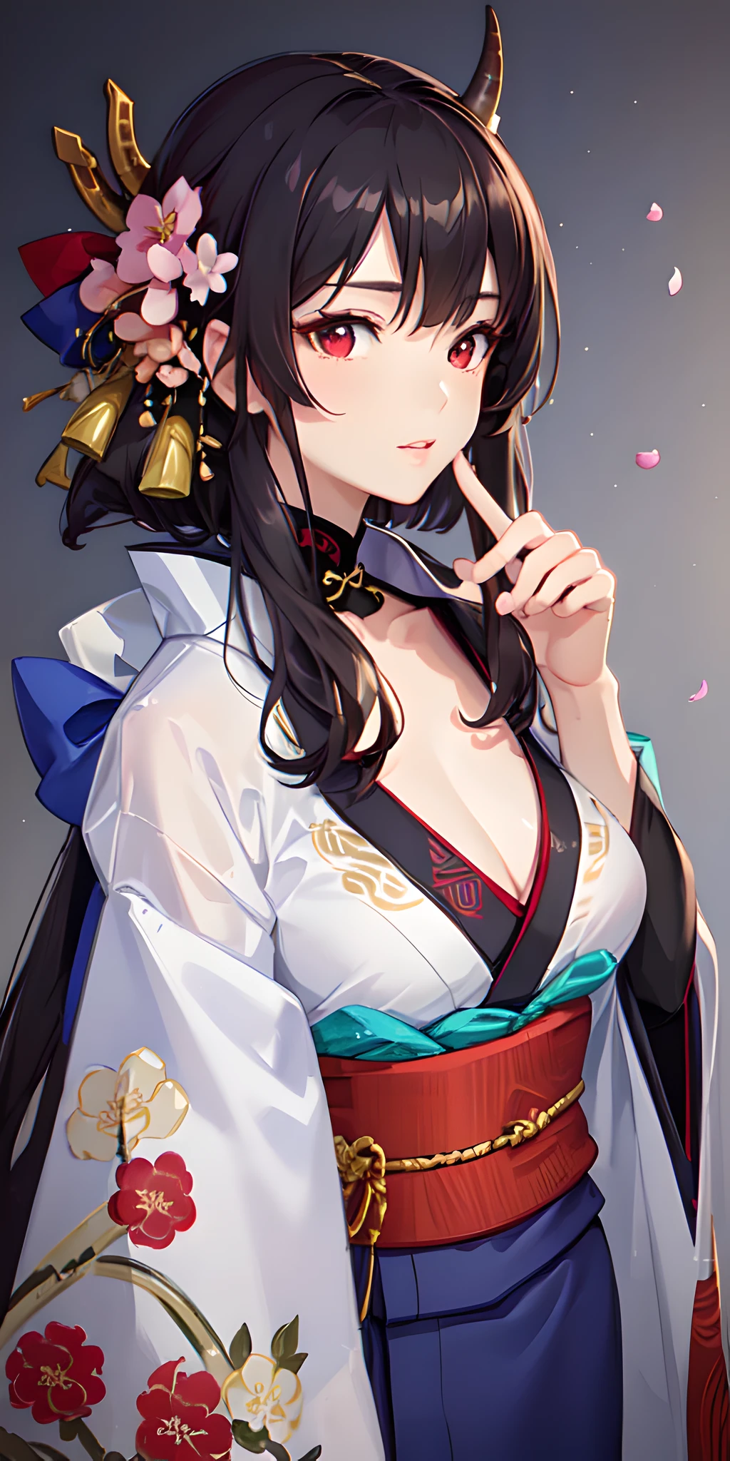 (masterpiece:1.3), (best quality:1.1), ((1girl)), ((solo)), (red eyes:1.4), (finely detailed eyes and detailed face:1.3), (beautiful and clear background:1.2), (extremely detailed CG, ultra-detailed, best shadow:1.1), ((depth of field)), ((watercolor)), (oni:1.5), (kimono:1.3), large breasts, bare shoulders, flowers and petals, beautiful concept illustration, (white background:0.5), (illustration:1.1), (extremely fine and beautiful:1.1), (perfect details:1.1), from side, cowboy shot,