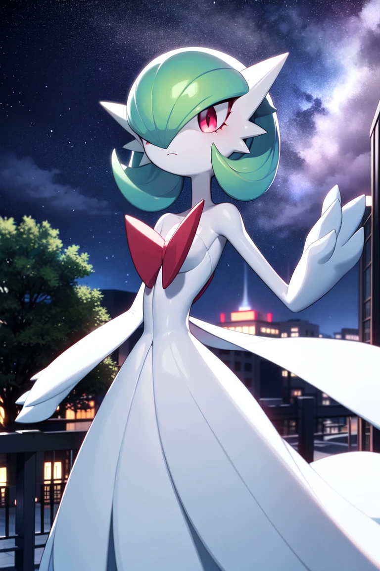 masterpiece, best_quality, 1girl, solo, gardevoir, pokemon \(creature\), green hair, red eyes, white dress, outdoors, night<lora:gardevoir_v1:0.8>