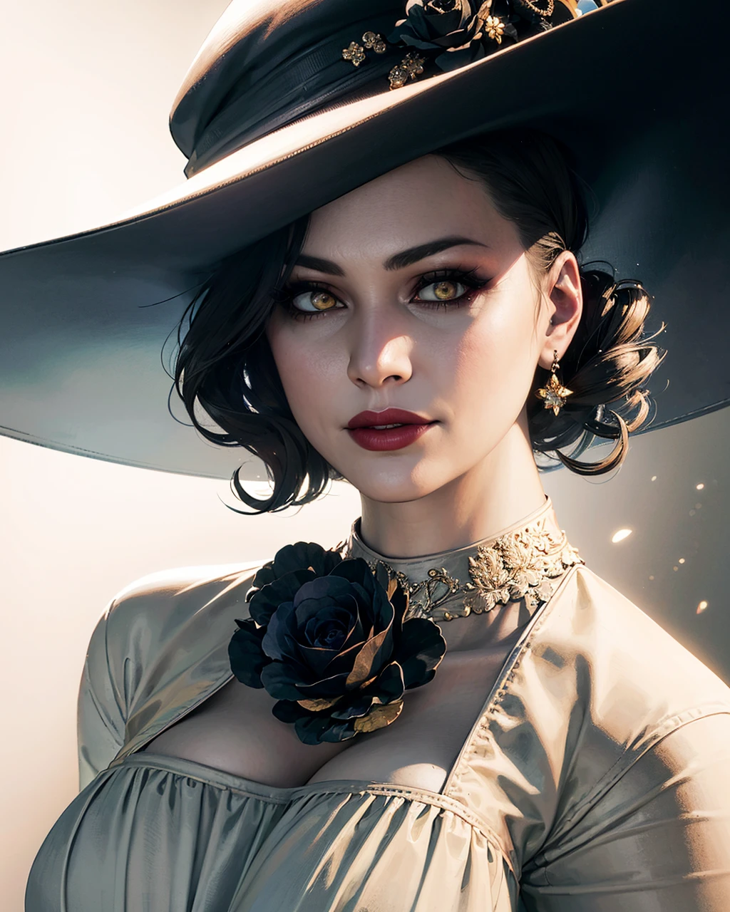 1girl, portrait of of beautiful re8dmtrsc, yellow eyes, tall, white dress with black rose flower, jewelry, black hat, volumetric lighting, best quality, masterpiece, intricate details, tonemapping, sharp focus, hyper detailed, trending on Artstation, realistic <lora:sxz-lady-dimitrescu:0.6>