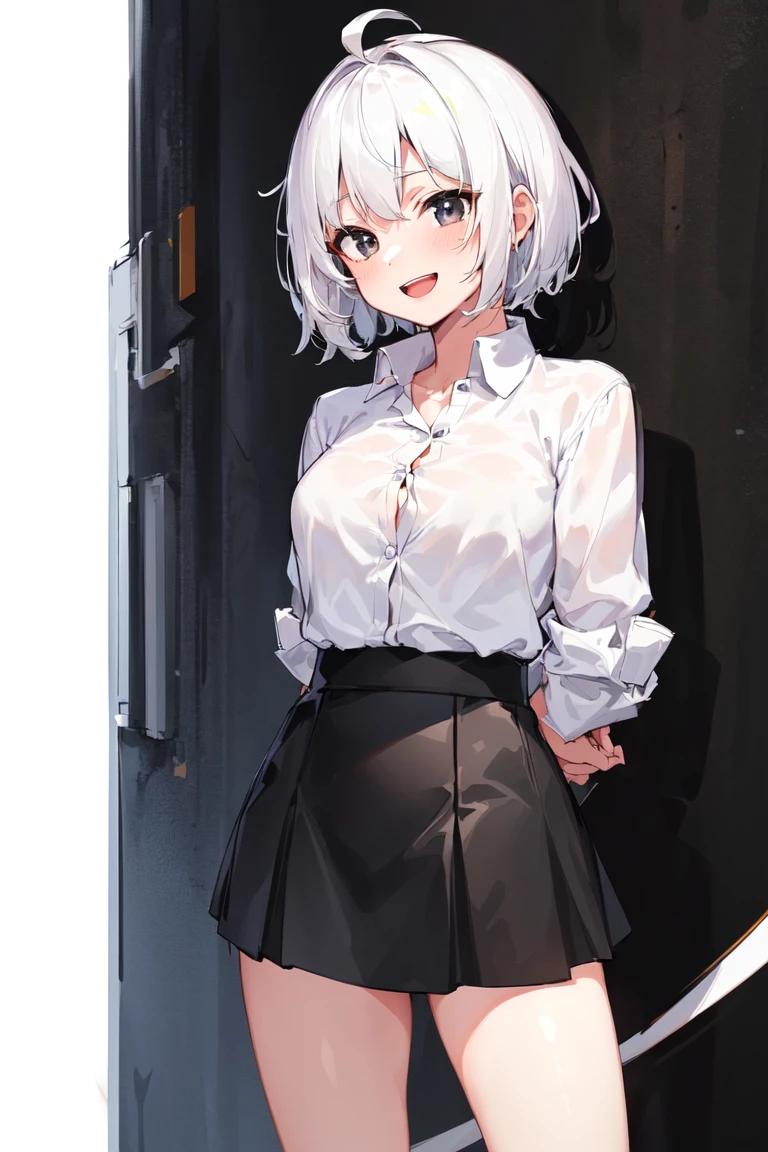 (masterpiece, best quality:1.3), (1girl), (solo), (female focus), (ahoge, white hair, short hair), black eyes, light smile, open mouth, ((white shirt), (buttoned shirt), (button gap)), ((black skirt), (short skirt)), standing, white background, arms behind back