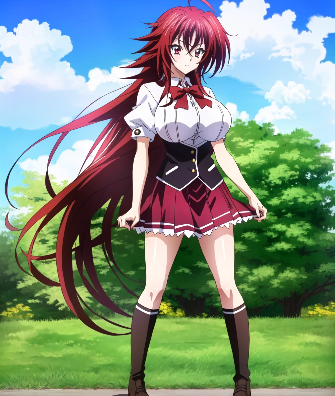 masterpiece, best quality, ultra-detailed, hires,  beautiful, 
1girl, red hair, long hair, ahoge,rias gremory dxd, very long hair, large breasts, 
(dxd clothes:1.3), school uniform, skirt, white shirt, (white socks), black boots, purple skirt,
<lora:dxd:0.65>, 
full body, standing,