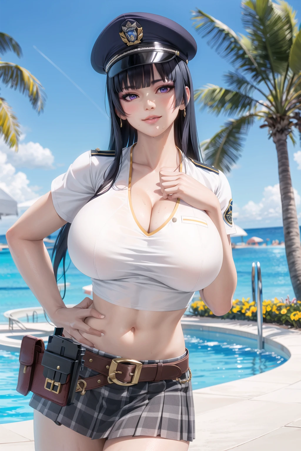 1girl, bangs, belt, black hair, blunt bangs, cleavage, cowboy shot, crop top, day, gun, handgun, hat, holster, huge breasts, lips, long hair, looking at viewer, midriff, military, miniskirt, navel, nyotengu, ocean, outdoors, palm tree, plaid, plaid skirt, police, pool, purple eyes, shirt, short sleeves, skirt, sky, smile, solo, tree, uniform, water, watercraft, weapon,(masterpiece:1.4),(best quality:1.4),(shiny skin),steaming body,upper body