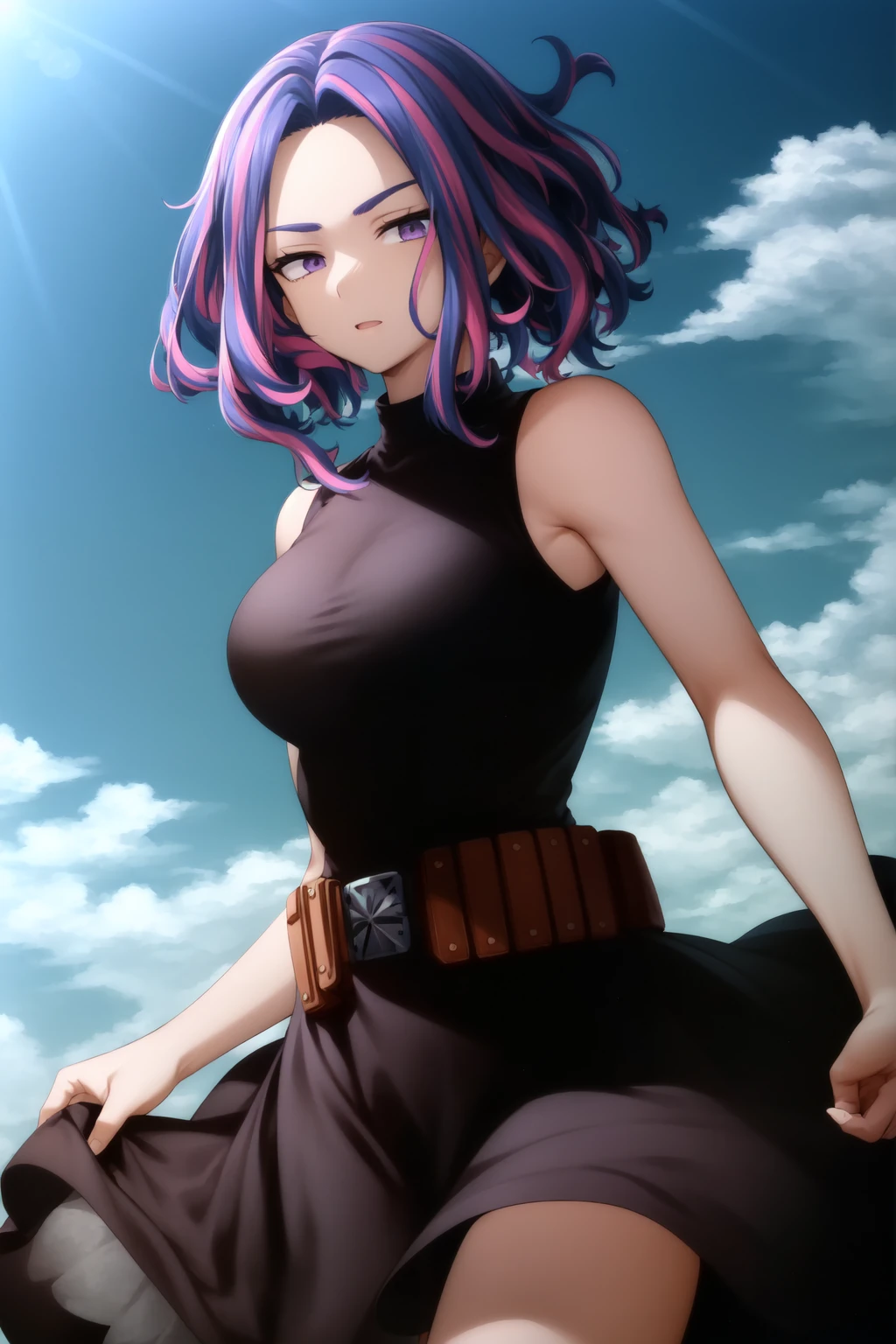 scan, (extremely detailed CG unity 8k wallpaper:1.1), highres, (1girl), lady nagant, boku no hero academia, <lora:Lady_Nagant_NAI_v1-1:1>, (purple hair), (multicolored hair), (purple eyes), black dress, sleeveless, breasts, belt