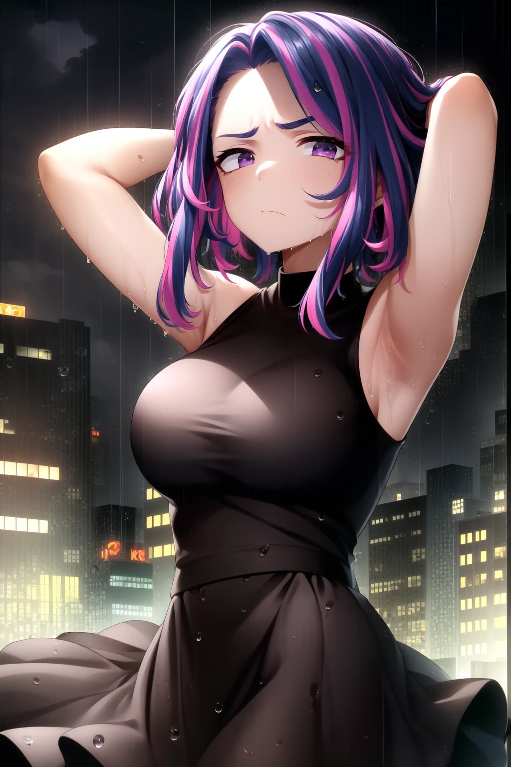 scan, (extremely detailed CG unity 8k wallpaper:1.1), masterpiece, highres, (1girl), dark, raining, water drops, ambient light, city, night, lady nagant, boku no hero academia, <lora:Lady_Nagant_NAI_v1-1:1>, (purple hair), (multicolored hair), (purple eyes), black dress, sleeveless, breasts, arms above head, frown, (looking at viewer)