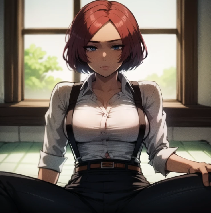 beautiful, masterpiece, best quality, extremely detailed face, perfect lighting, 1girl, solo, <lora:EkuneStyleLoRA:1>, <lora:giovannaGuiltyGear_1:1>, GiovannaMS, cowboy shot, white shirt, black pants, sitting, spread legs