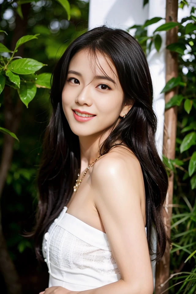 (8k, RAW photo, best quality, highres:1.2), (realistic, photo-realistic:1.37), bestlighting,
1girl,  staring, Jisoo, solo,   portrait of a girl, face,  dress, smile eyes, jewelry, strapless, strapless dress, breasts,  bare shoulders, long hair,   long eyelashes, solo, profile,  seductive smile, (outdoors ) ,  portrait,  looking at viewer, simple background, gorgeous, cherry lip gloss,