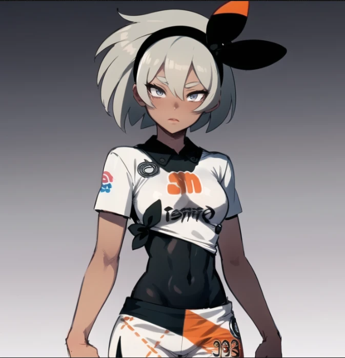beautiful, masterpiece, best quality, extremely detailed face, perfect lighting, 1girl, solo, <lora:EkuneStyleLoRA:1>, <lora:Bea:1>, bodysuit, bodysuit under clothes, print shirt, print shorts
