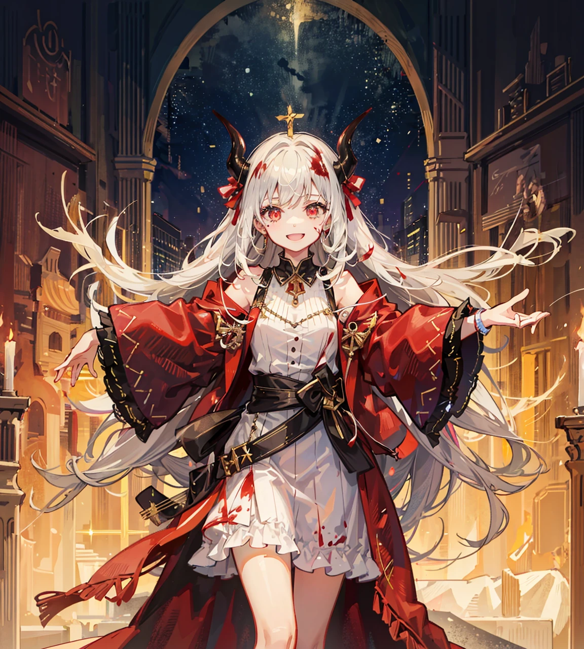 <lora:lightAndShadow_v10:0.4>,1girl,The young girl was wearing a red bishop's robe, and she had a pair of horns on her head. She stood on the altar with open arms, smiling. Blood flowed all around her, and the sky was dotted with stars.