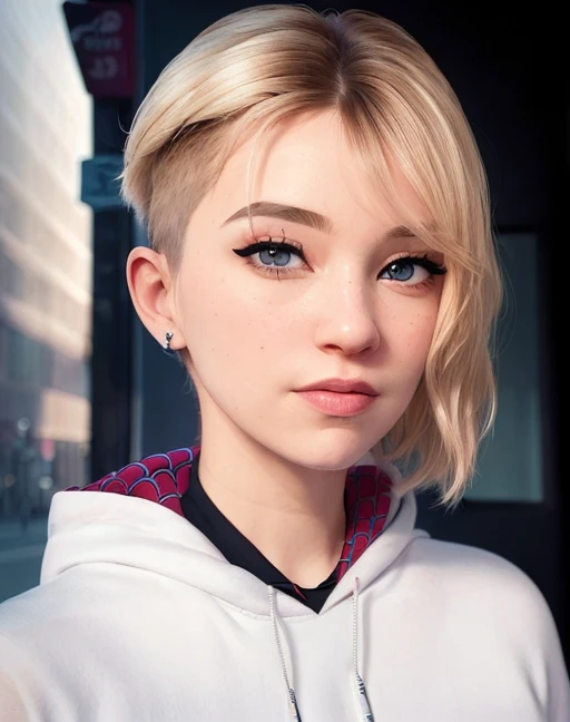 <lora:gwen_stacy_spiderverse_v1:0.65>, (masterpiece), ((best quality)), parted lips, light_smile, cinematic lighting, ultra-realistic, ((realistic)), (gwen_stacy), blonde_hair, short_hair, solo, sidecut, asymmetrical_hair, parted_lips, eyebrow_piercing, (detailed face), beautiful 1girl, 1girl, looking at viewer, (beautiful detailed eyes), bodysuit, spider-suit, white hoodie, hood_down, portrait, upper_body, (side of head shaved), (small breasts)