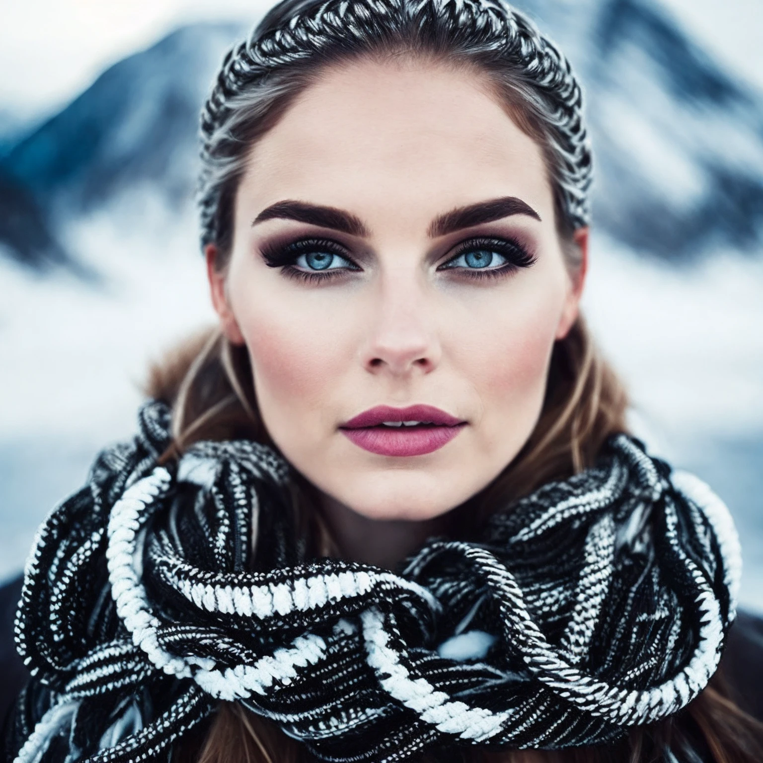 closeup portrait of a young sexy French woman with multiple braids hair in Ice fields and glaciers, Outdoor lighting, Bleakly optimistic atmosphere, sharp eyes