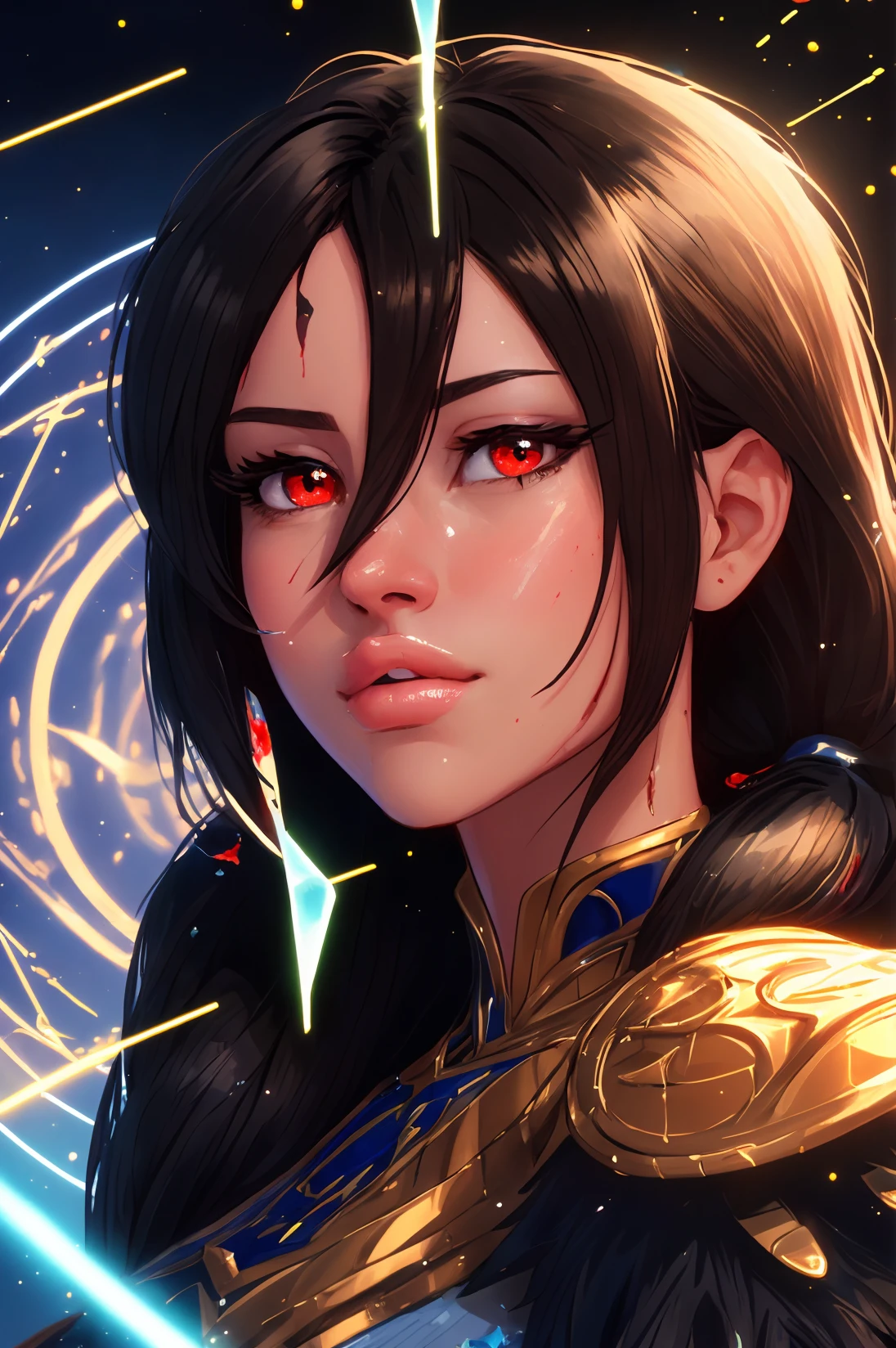 thepit style, samdoesart style, analog style,
(masterpiece, best quality, ultra-detailed, best shadow), (detailed background,dark fantasy), (beautiful detailed face), high contrast, (best illumination, an extremely delicate and beautiful), ((cinematic light)), colorful, hyper detail, dramatic light, intricate details, (1girl, solo,black hair, sharp face,low twintails,red eyes, hair between eyes,dynamic angle), blood splatter, swirling black light around the character, depth of field,black light particles,(broken glass),magic circle,