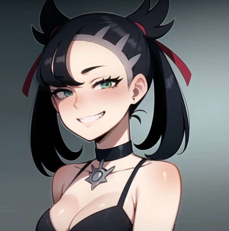 beautiful, masterpiece, best quality, extremely detailed face, perfect lighting, 1girl, solo, <lora:EkuneStyleLoRA:1>, <lora:PokeMarnie:1>, marnie \(pokemon\), asymmetrical hair, smile, grin