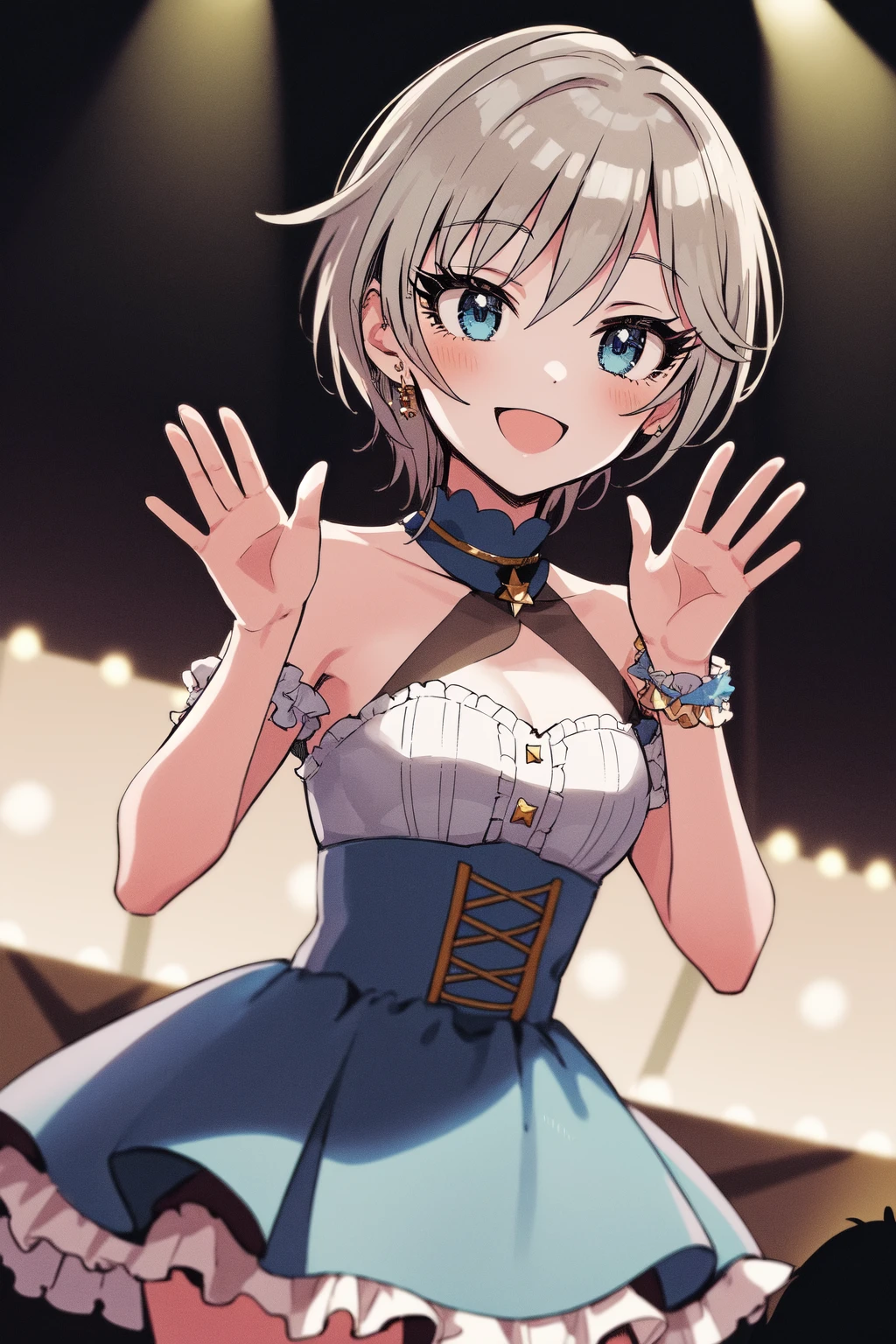 masterpiece, best quality, highres, 1girl, solo, anastasia (idolmaster), idolmaster cinderella girls, blue eyes, short hair, grey hair, black dress, (on the stage), waving, cowboy shot, , <lora:anastasia_(idolmaster)_v1-000005:0.7>, smile, upper_body,