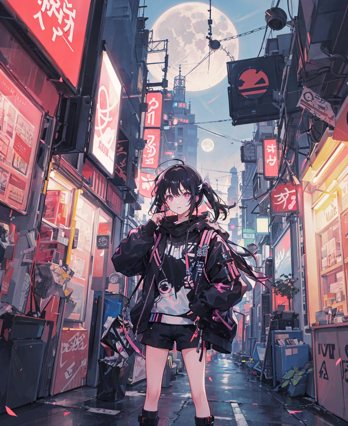masterpiece,1girl,solo,cyberpunk,cityscape, full moon, neon lights, outdoors,