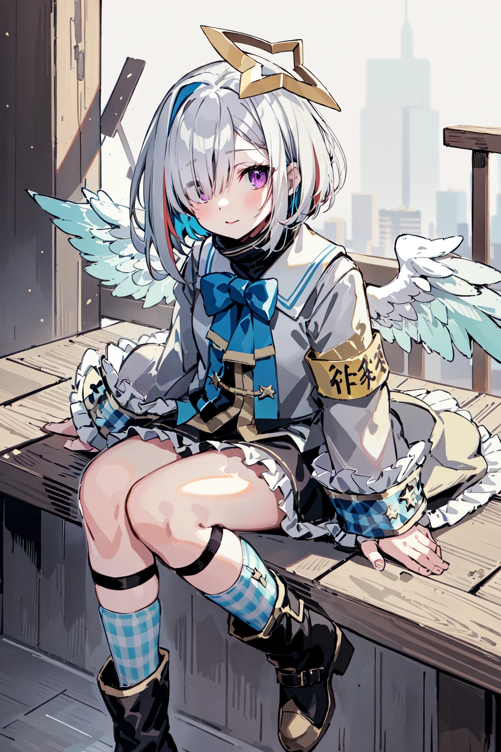 best quality, highres, 1girl, amane kanata, star halo, virtual youtuber, solo, wings, halo, feathered wings, angel, angel wings, multicolored hair, colored inner hair, asymmetrical hair, single hair intake, purple eyes, armband, short hair, blue hair, grey hair, boots, socks, long sleeves, grey jacket, skirt, bob cut, jacket, streaked hair, bangs, frills, black footwear, wide sleeves, white wings, mini wings, black skirt, hair over one eye, frilled skirt, blue socks, sleeves past wrists, turtleneck dress, short dress, miniskirt, blue wings, <lora:amane_kanata_(short_hair)_v1:0.7>, cowboy shot