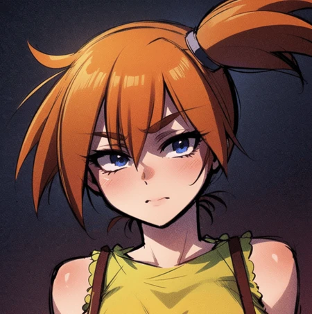 beautiful, masterpiece, best quality, extremely detailed face, perfect lighting, 1girl, solo, <lora:EkuneStyleLoRA:1>, <lora:Misty:1>, yellow shirt, crop top, suspenders, suspender shorts