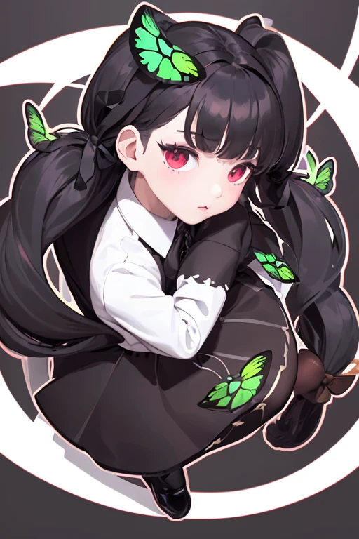 ribbon, bow, (white outline vector graphics:1.6), black long sleeves jacket, break, brown skirt, looking at viewer, hair ribbon, full body, break, green butterfly on hair, break, red eyes, (wide nose:1.5)