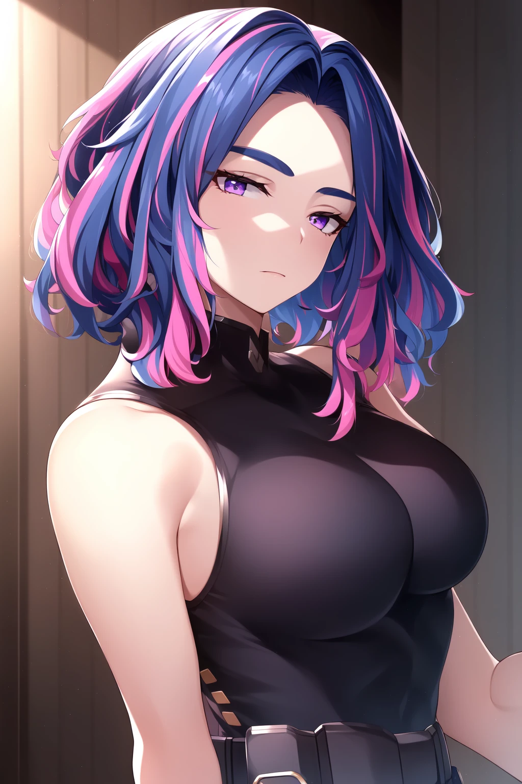 (extremely detailed CG unity 8k wallpaper:1.1), lady nagant, boku no hero academia, masterpiece, highres, 1girl, solo, multicolored hair, purple hair, purple eyes, looking at viewer, waist up, <lora:Lady_Nagant_NAI_v1-1:1>