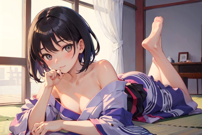 ((masterpiece:1.2, best quality)), 1milf, solo, (yukata, seduce), black hair, short hair, traditional house, lying, off-shoulder